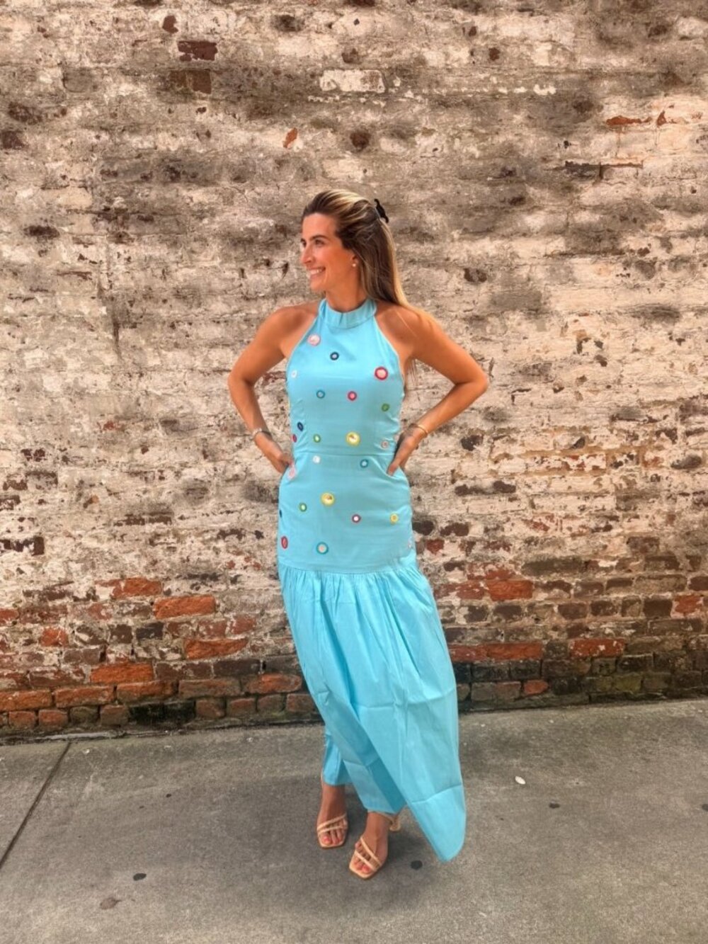Chakeris Teal Silk Adele Mirror Halter Maxi Dress XS